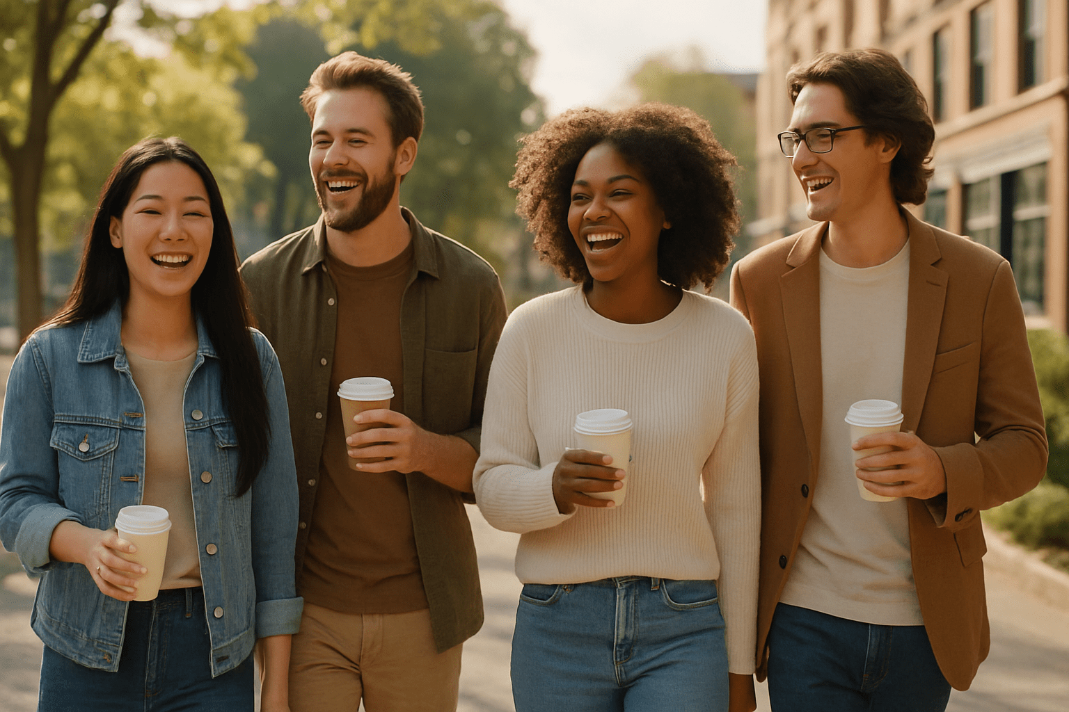 Happy people walking outdoors